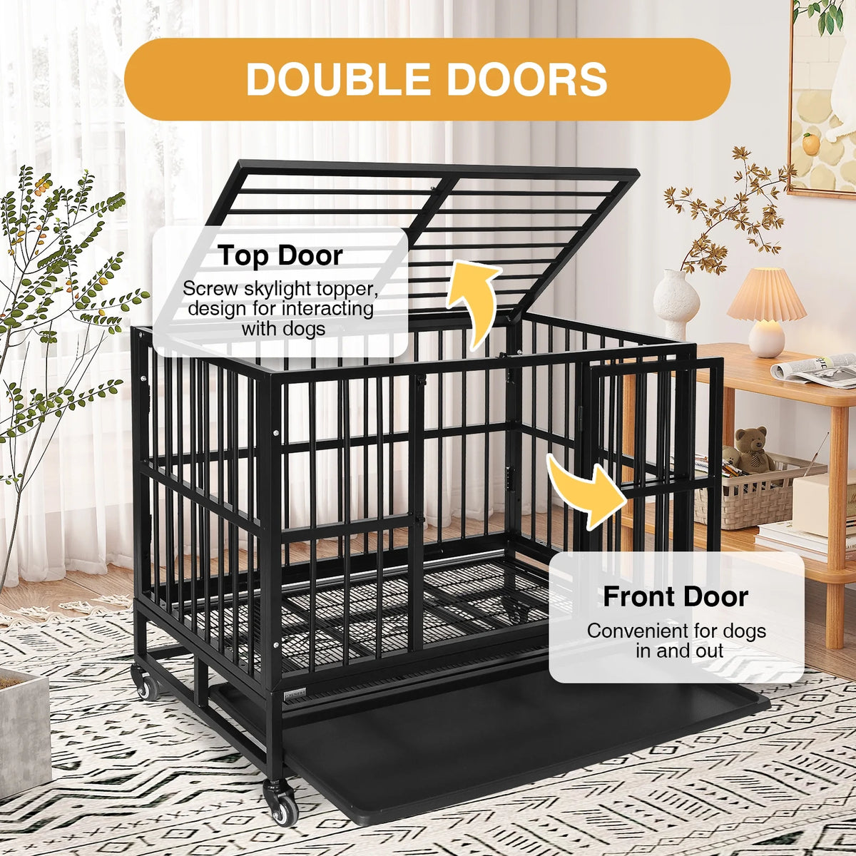 37" Heavy Duty Dog Crate Metal Cage with Removable Tray, Two Doors with Wheels I300129