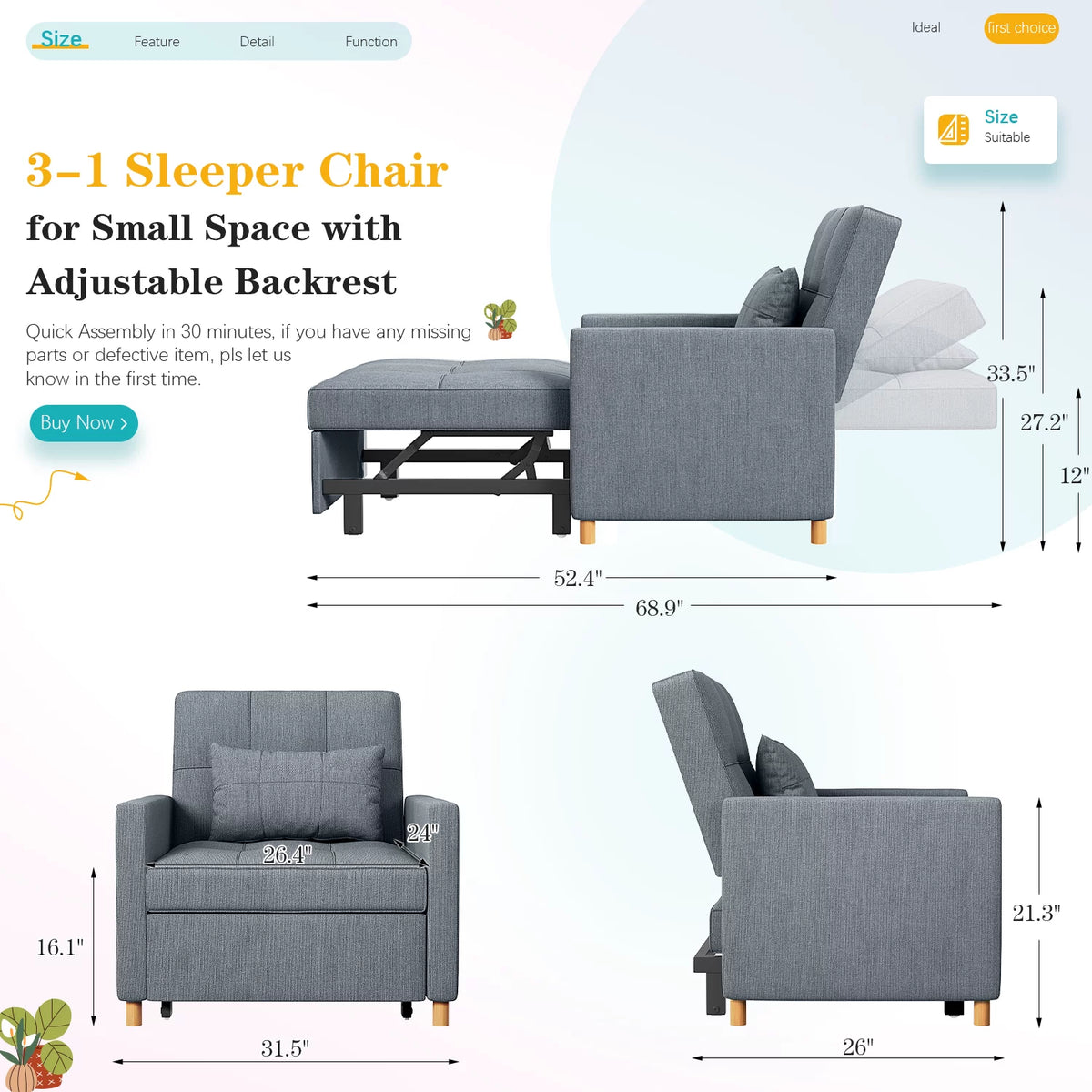 Dark Grey Sleeper Sofa Chair with Extra Pillow A3366