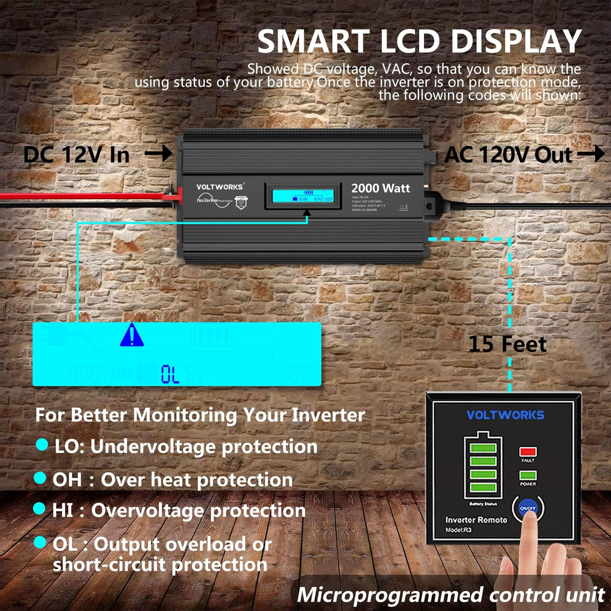 2000Watt DC 12V to 120V AC Car Power Inverter with 2 AC Outlets and LCD Display X1241