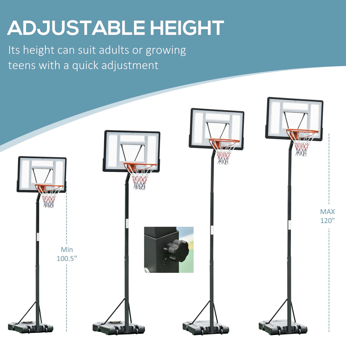 Portable Basketball Hoop Stand with 34 In. Backboard, Wheels, Height Adjustable 8 Ft. to 10 Ft. H240179