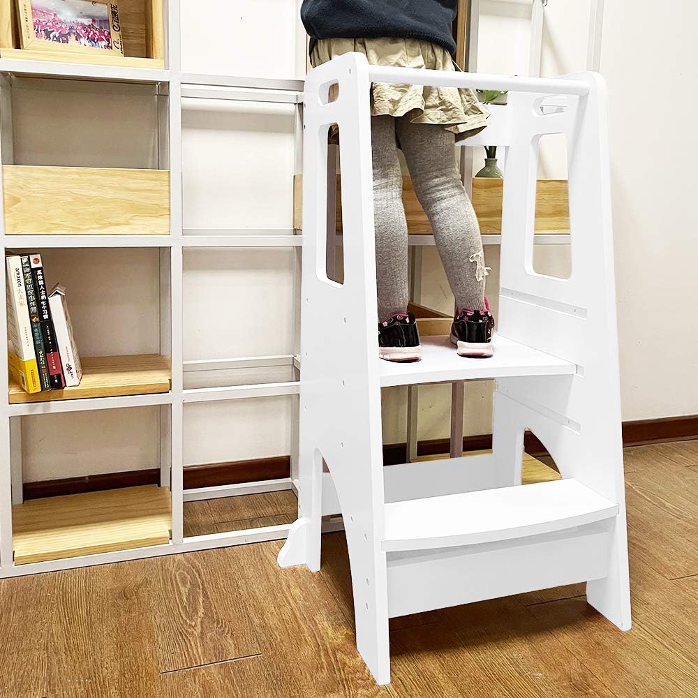 White Height Adjustable Wooden Toddler Step Stool Y709
