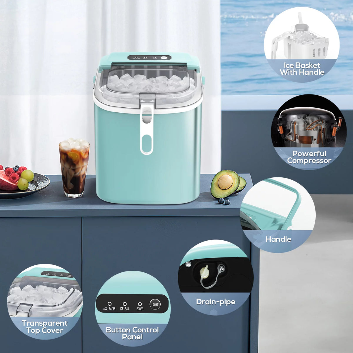 Portable Countertop Ice Maker with Handle, 26Lbs/24H, Green V404322