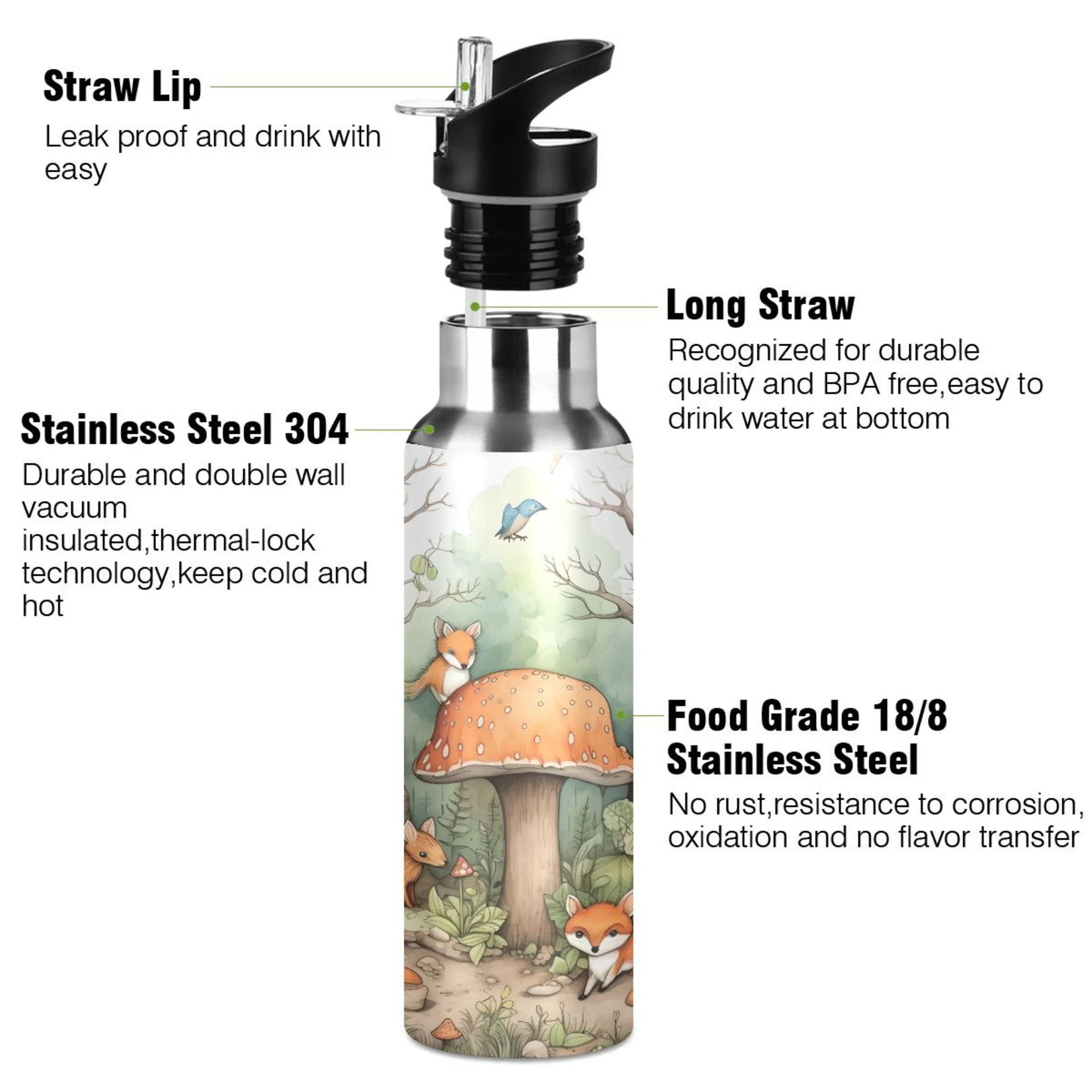 Stainless Steel Insulated Thermos Vacuum Flask Water Bottle with Straw Lid T460340