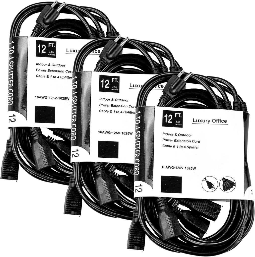 Black 3 Pack 12 ft 4 Way Power Splitter with 3 Pronged Outlet T340
