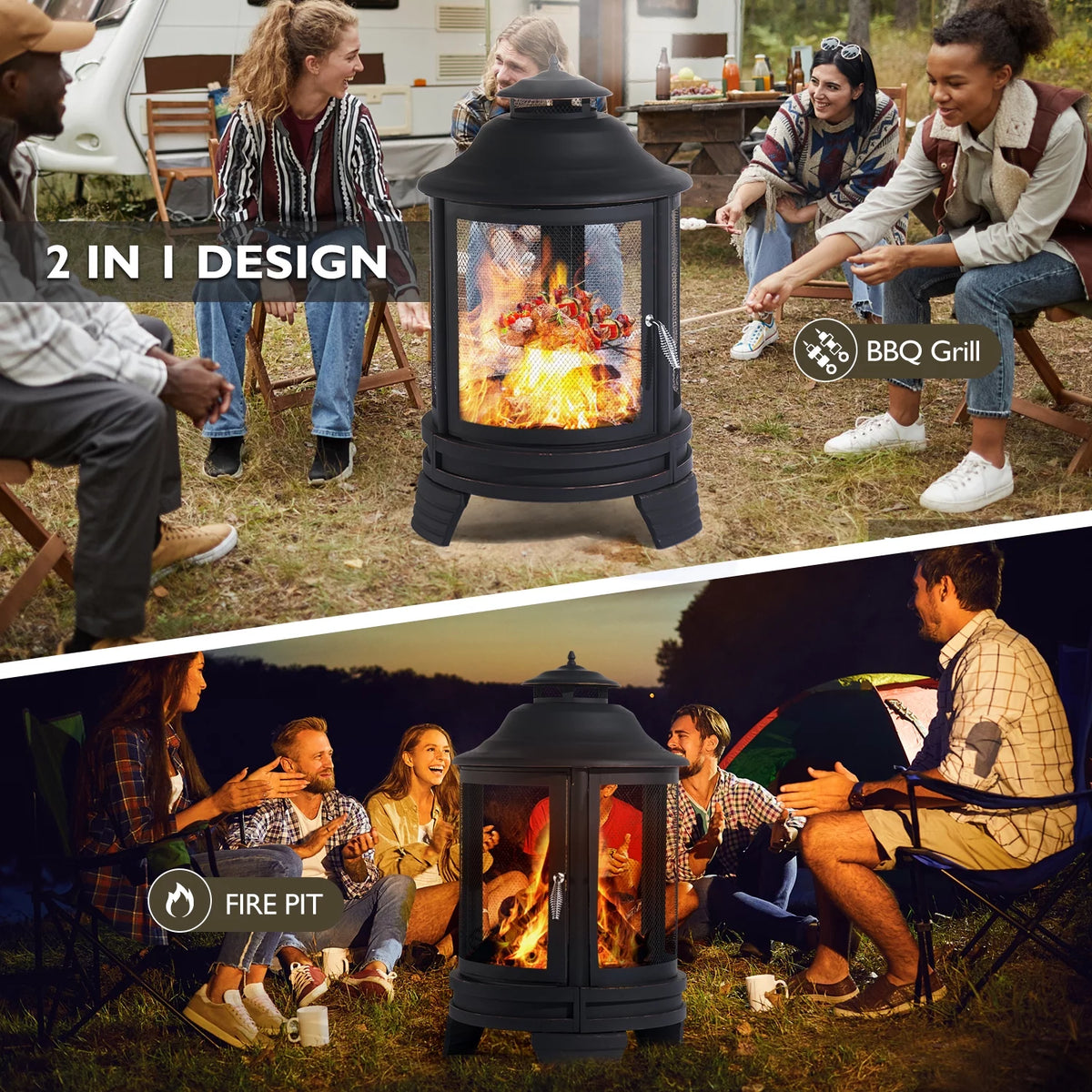 Black Pagoda 2 in 1 Fire Pit with Removable Grill H3117