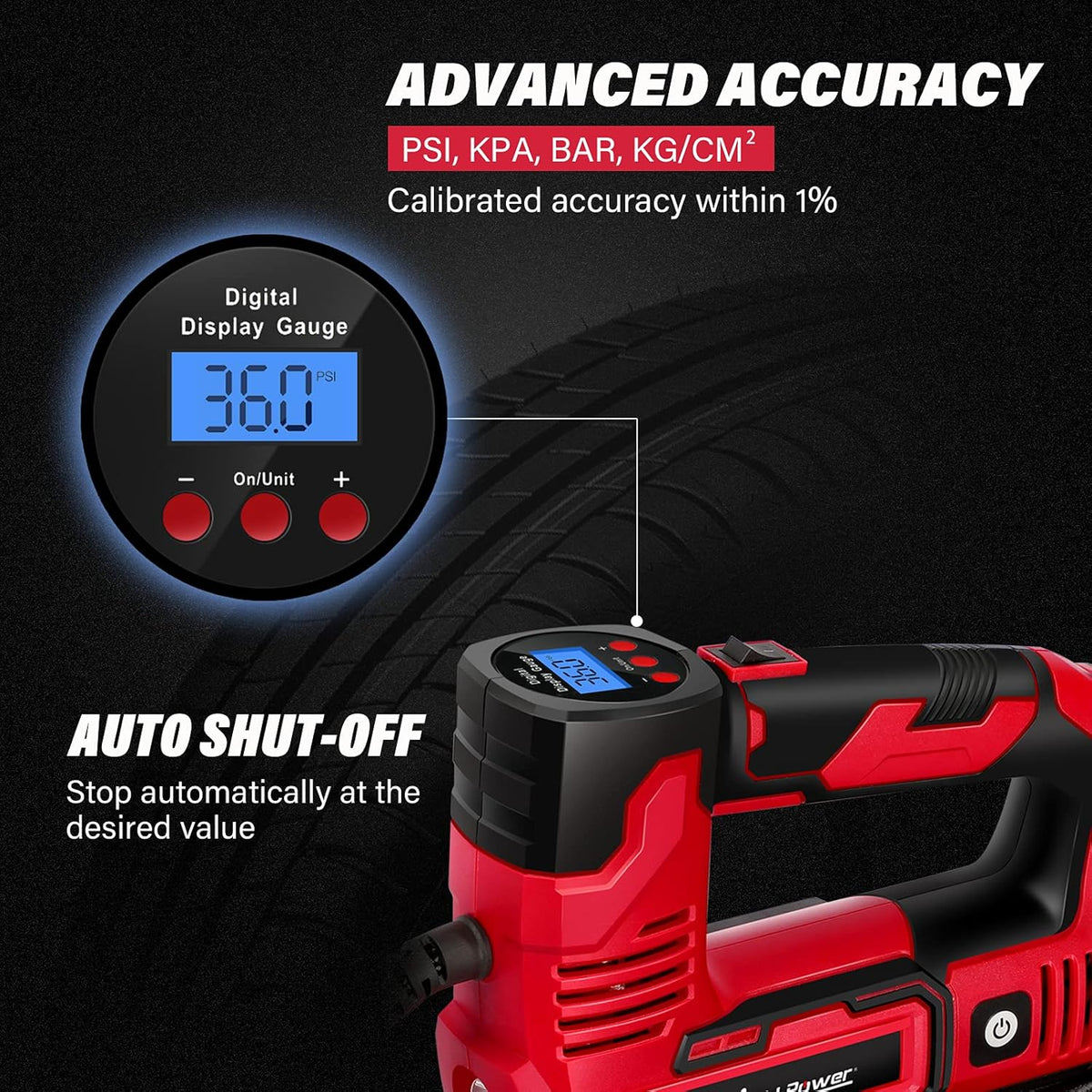 Tire Inflator Portable Air Compressor, 20V Cordless Car Tire Pump with Rechargeable Li-ion Battery, Digital Pressure Gauge W945414