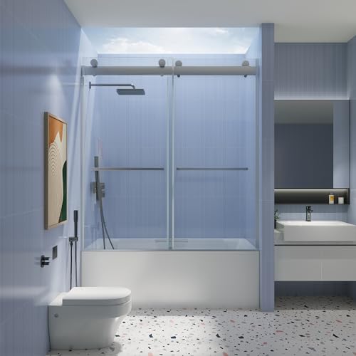 Brushed Nickel Frameless Sliding Tub Door with Clear Tempered Glass W149599