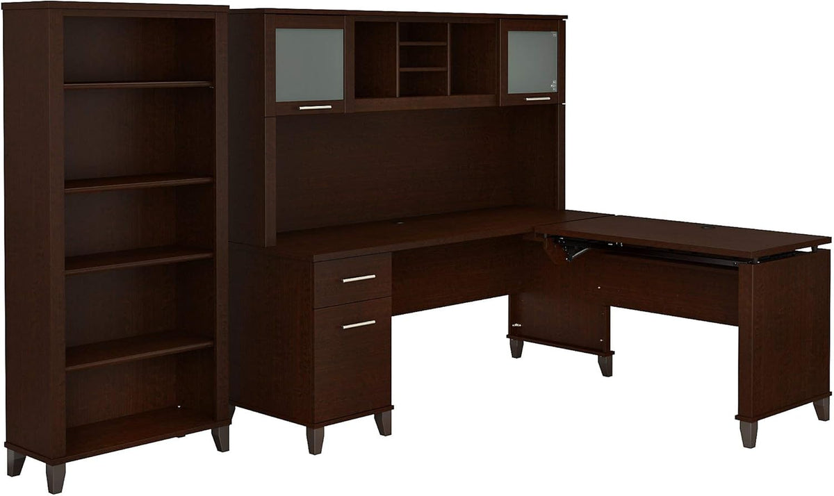 72W L Shaped Sit to Stand Desk with Hutch and Bookcase Y8940