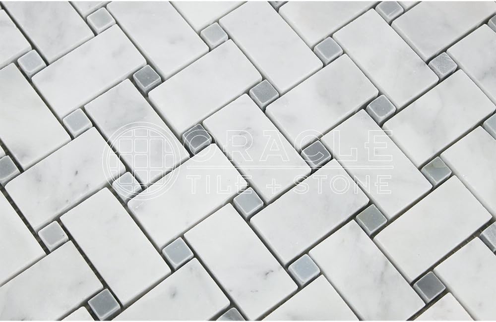 Carrara White Marble Basketweave Mosaic Tile with Blue Gray Marble Dots B69544