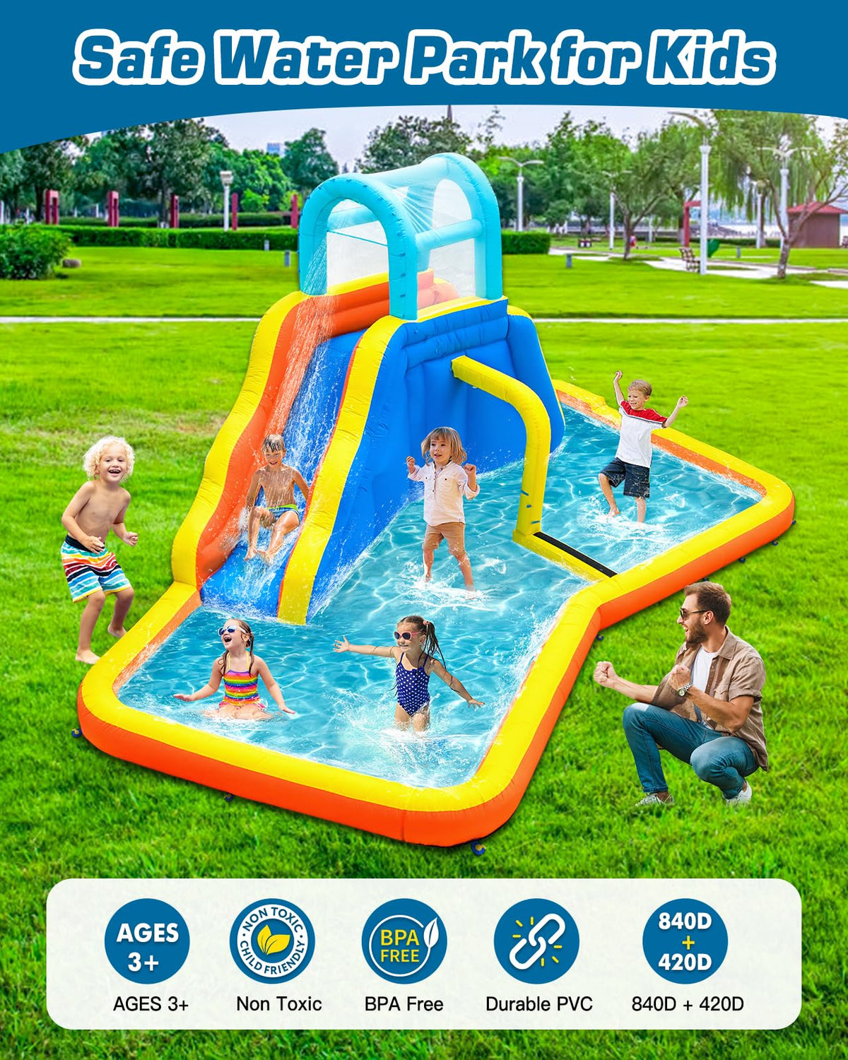 Kids Inflatable Water Slide Park with Blower, Climbing Wall, Splash Pool and Sprinkler R322