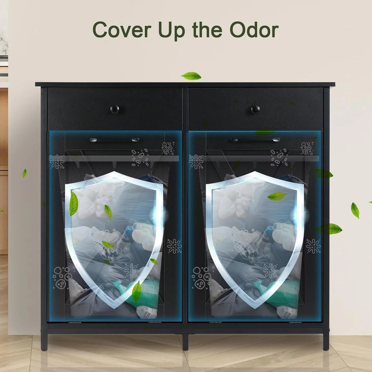 Double Tilt Out Trash Cabinet Freestanding Recycling Cabinet Garbage Can Holder with Drawers K5199