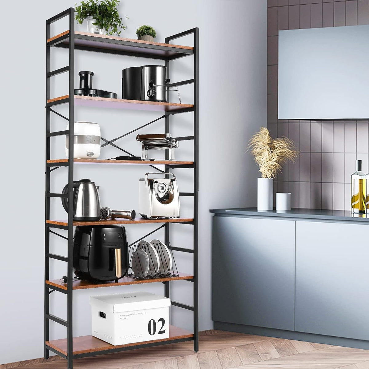 6-Tier Wood Top Bookshelf with Black Metal Frame N8661