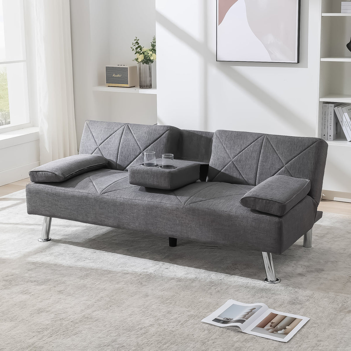 Gray Linen Convertible Folding Futon Sofa Bed with Removable Armrests R16984