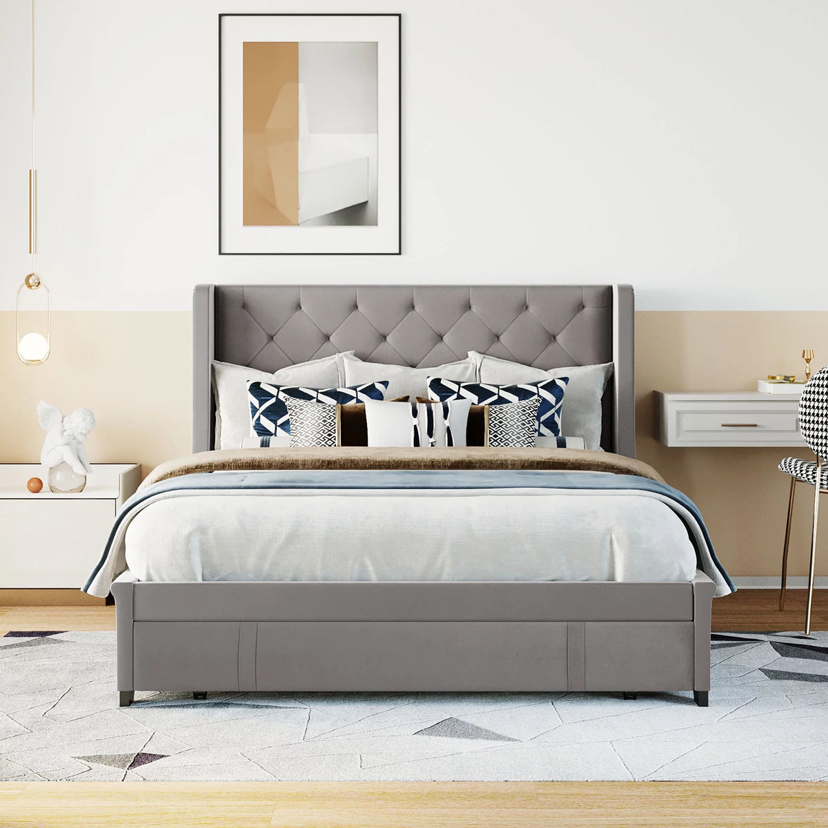 Grey Queen Size Upholstered Platform Bed with Wingback Headboard G4423