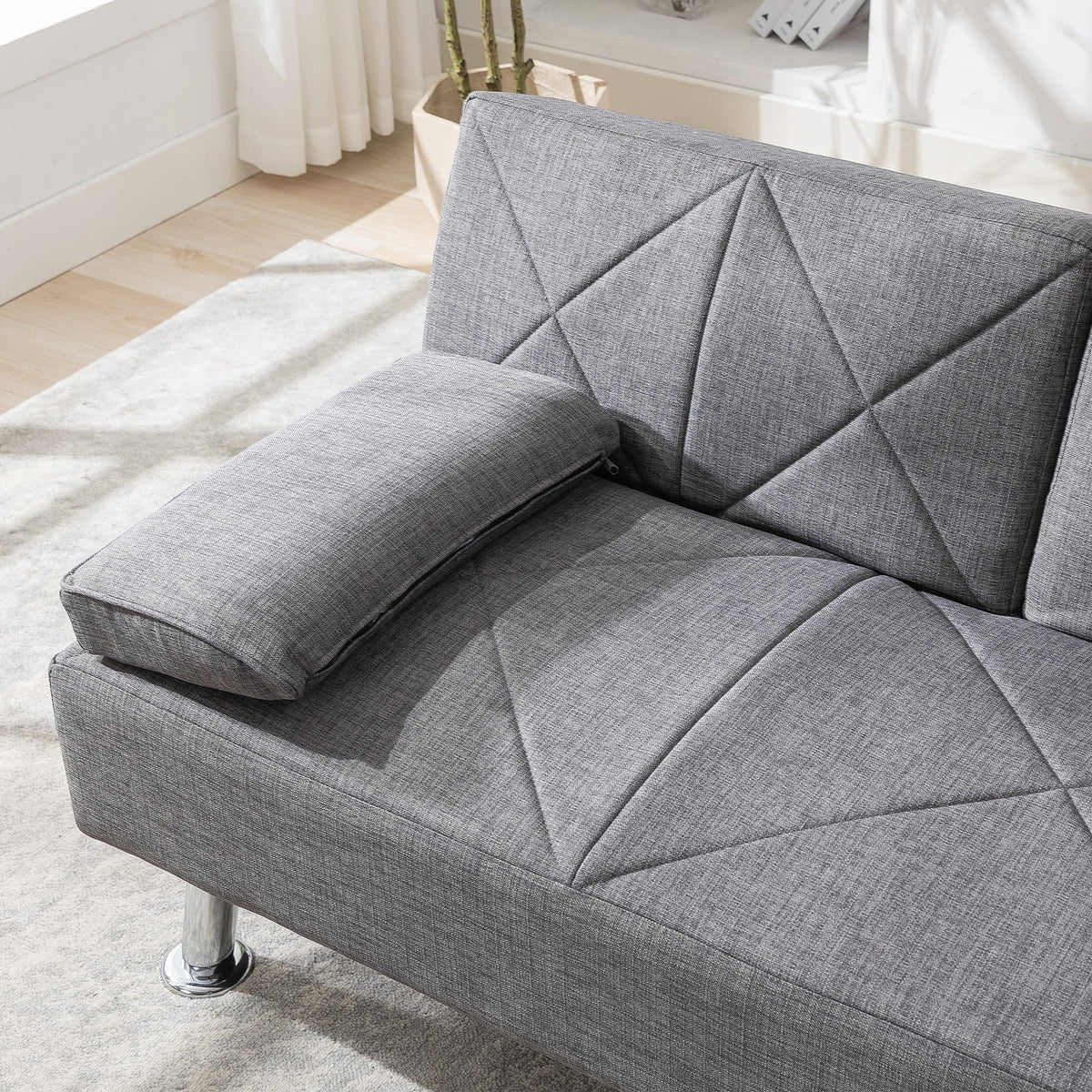 Gray Linen Convertible Folding Futon Sofa Bed with Removable Armrests R16984