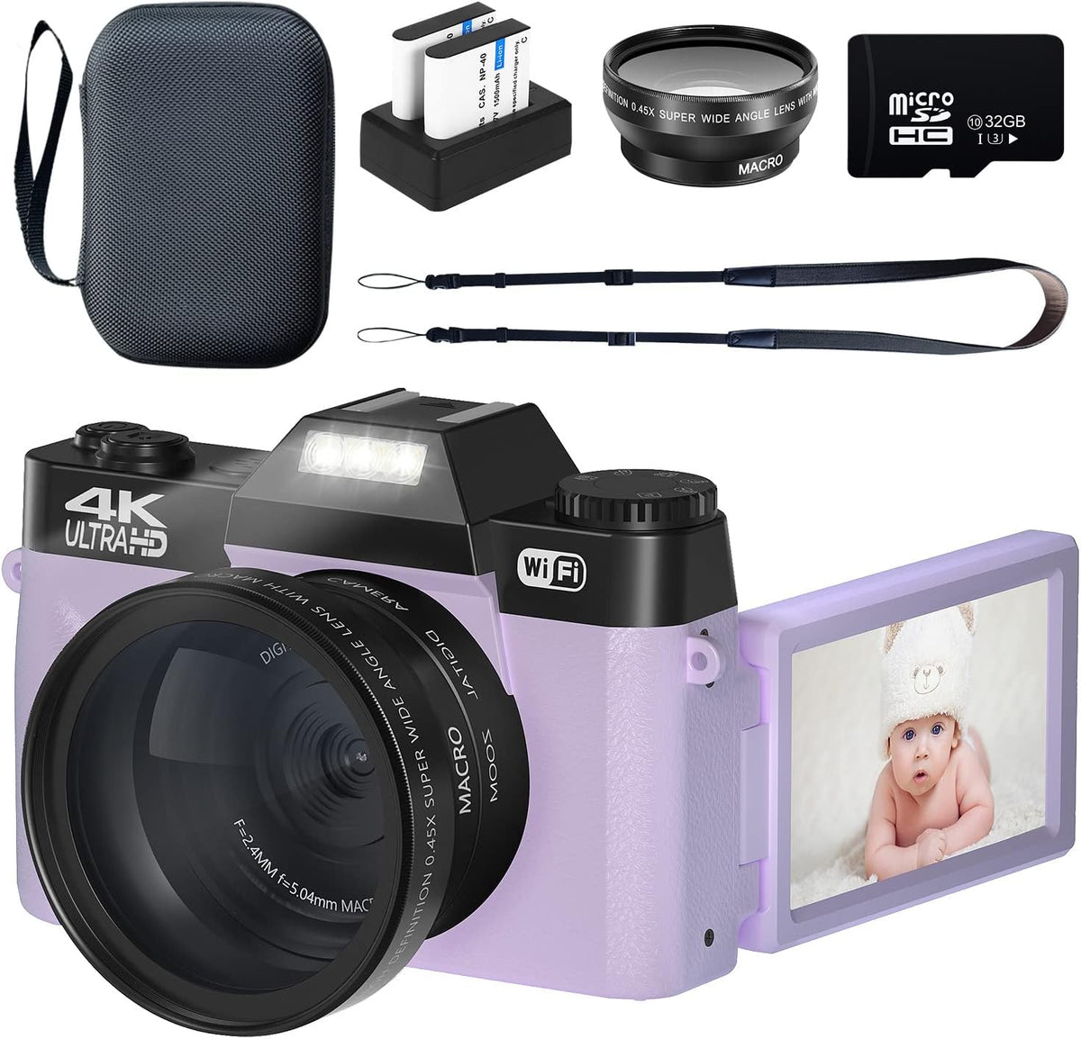 Black 4K 48MP Digital Camera with WiFi, 180° Flip Screen, 32GB SD Card, 2 Batteries T612100