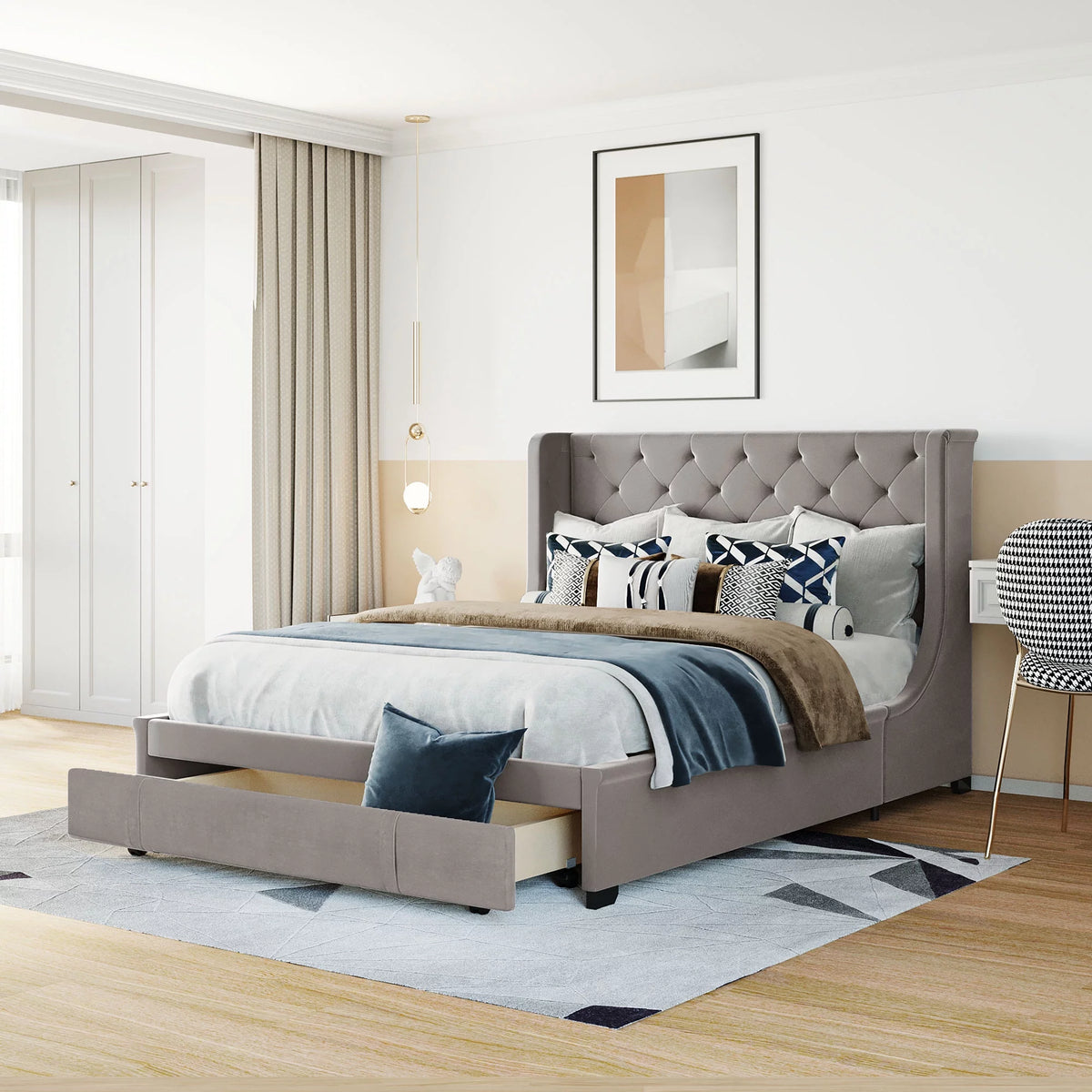 Grey Queen Size Upholstered Platform Bed with Wingback Headboard G4423