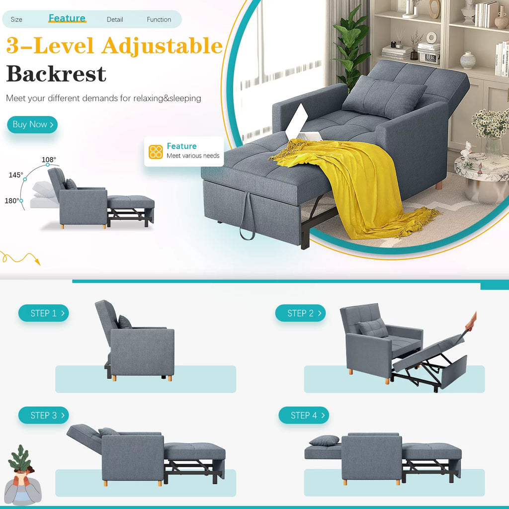 Dark Grey Sleeper Sofa Chair with Extra Pillow A3366