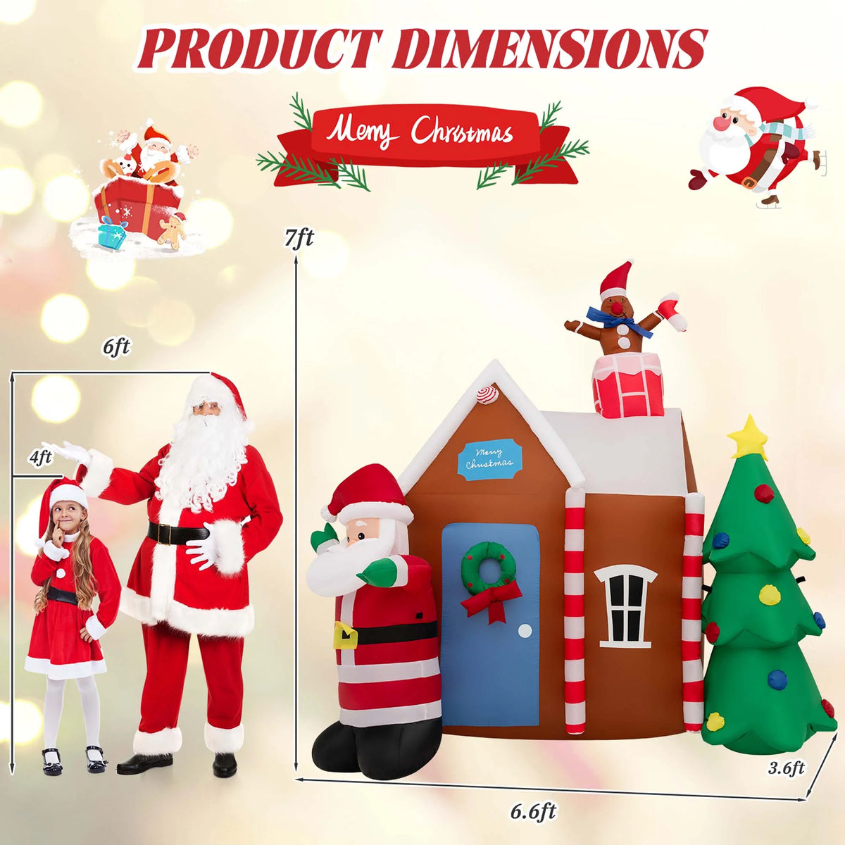 7 FT Inflatable Christmas Ginger House with Santa Claus Christmas Tree LED Lights P7264