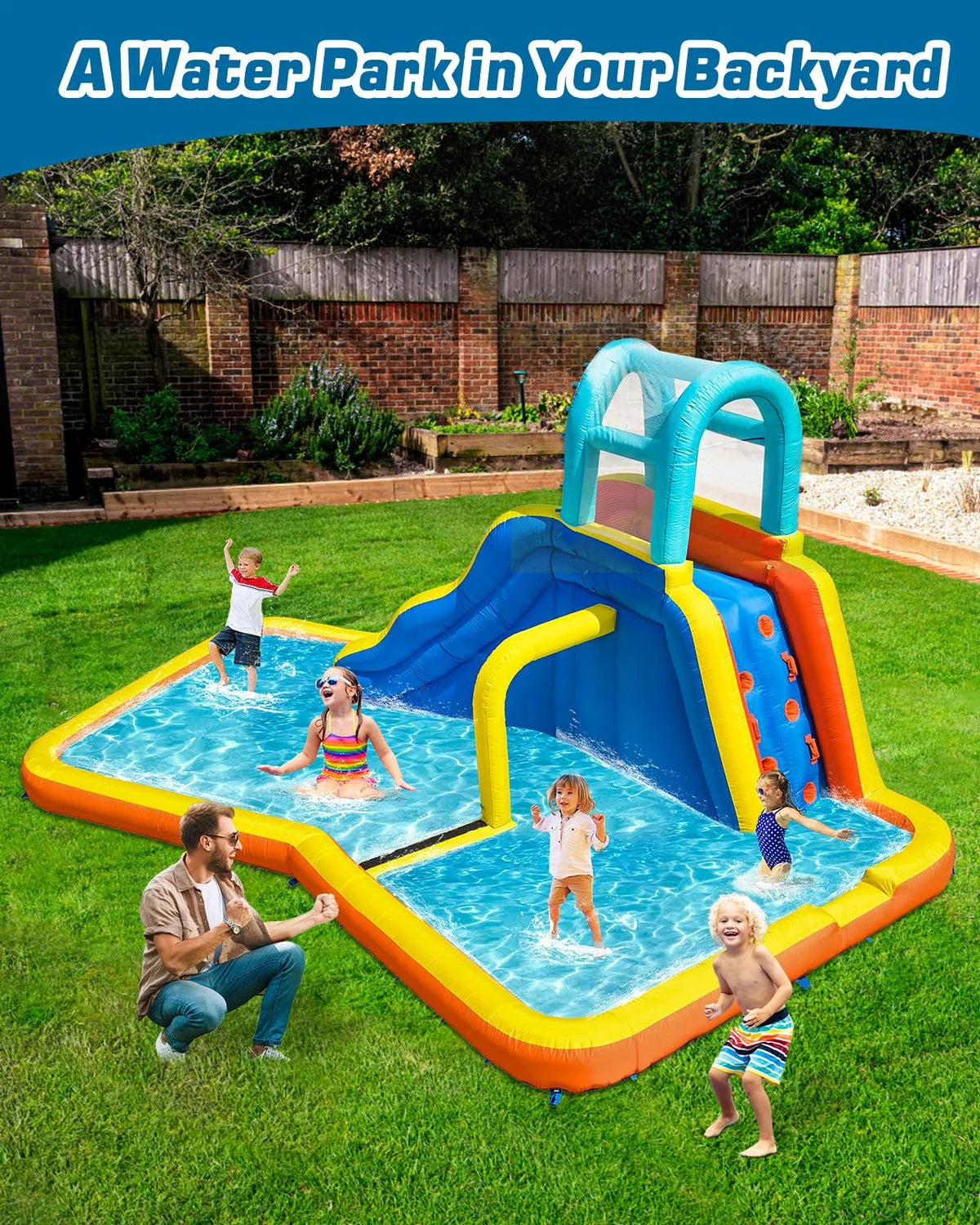 Kids Inflatable Water Slide Park with Blower, Climbing Wall, Splash Pool and Sprinkler R322