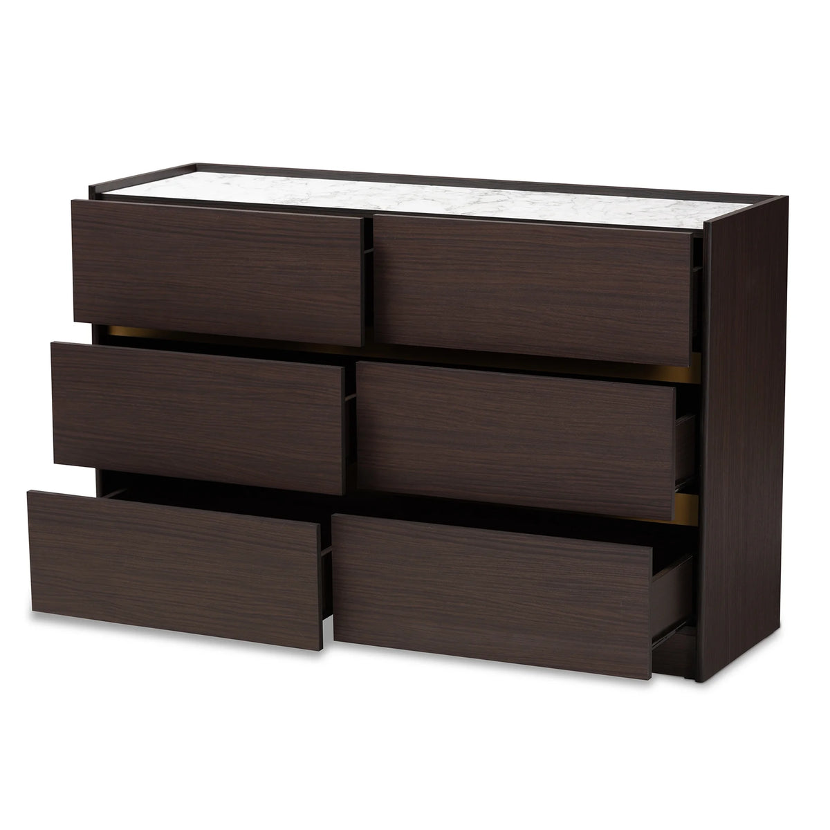 Dark Brown Gold Wood 6-Drawer Dresser with Faux Marble Top L3152