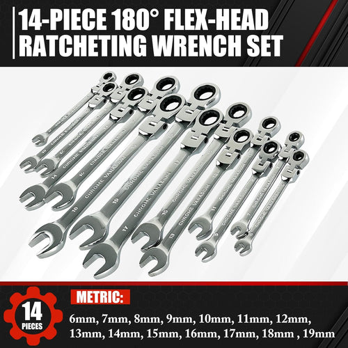 14-Piece 180° Flex-Head Ratcheting Wrench Set Metric 6-19mm 72 Teeth CR-V Steel H661989