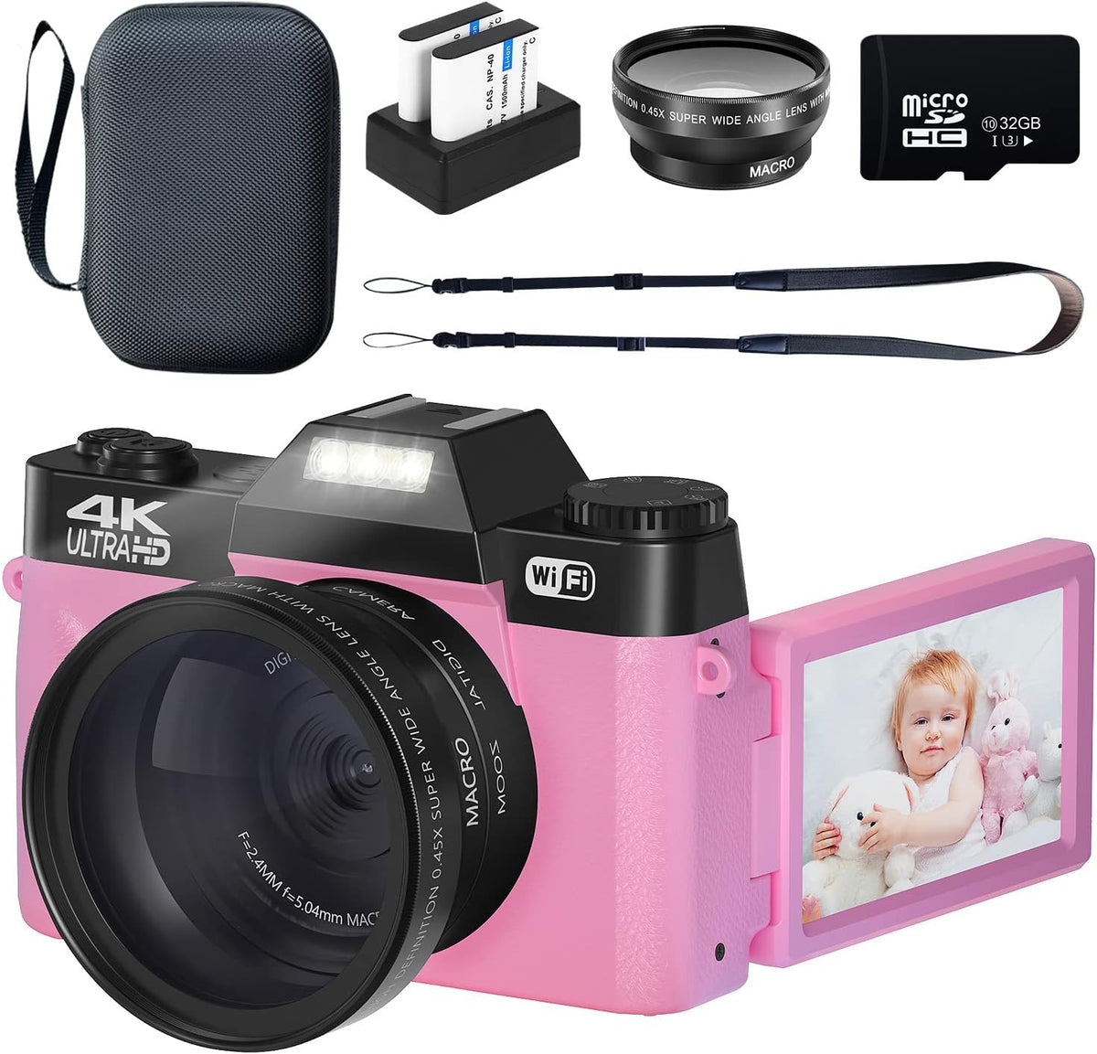 Black 4K 48MP Digital Camera with WiFi, 180° Flip Screen, 32GB SD Card, 2 Batteries T612100