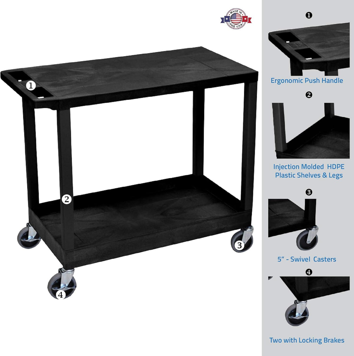 Black Mobile Heavy-Duty Utility Cart with One Tub and One Flat Shelf F6018