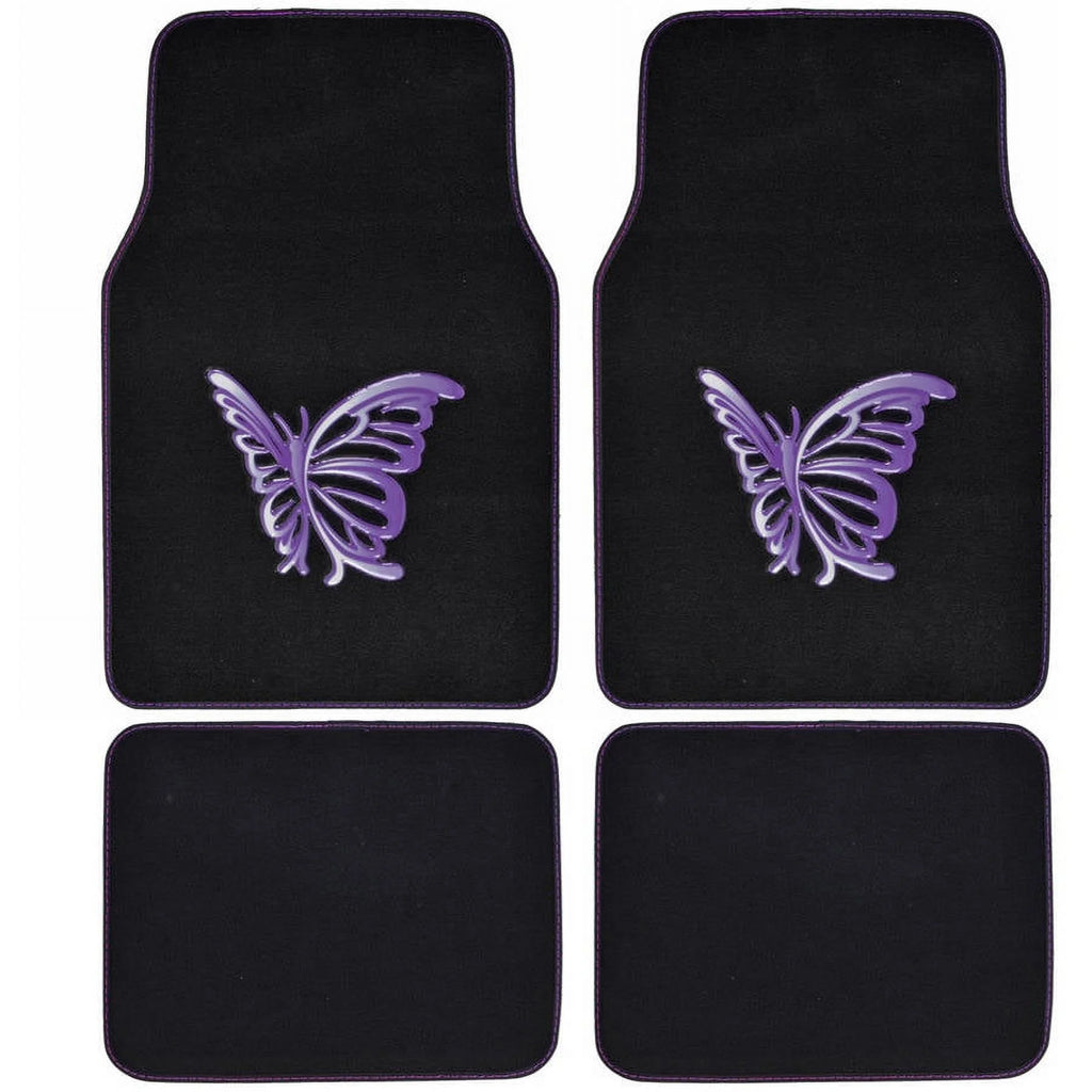 Purple White Butterfly Design Carpet Car Floor Mats Full Set with Rubber Backing C182