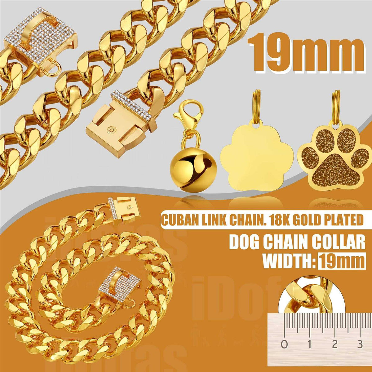 Gold CZ Buckle 19mm Cuban Link Dog Chain Collar E7663