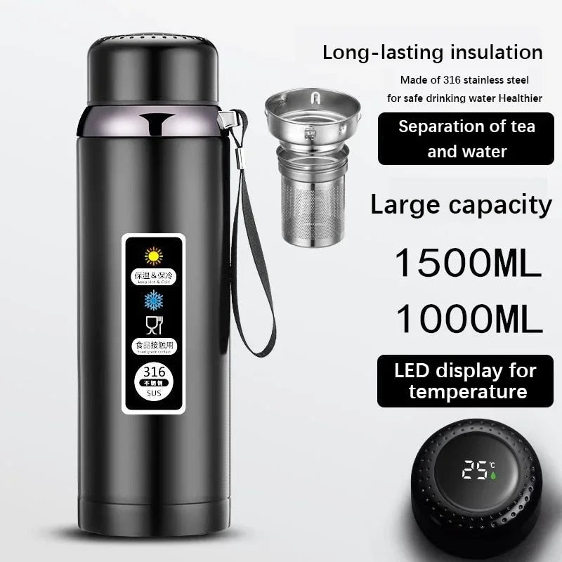 316 Stainless Steel Thermos Bottle Vacuum Flask With Tea Separation Filter LED Temperature Display Leakage-proof Cup 1.0L K195674