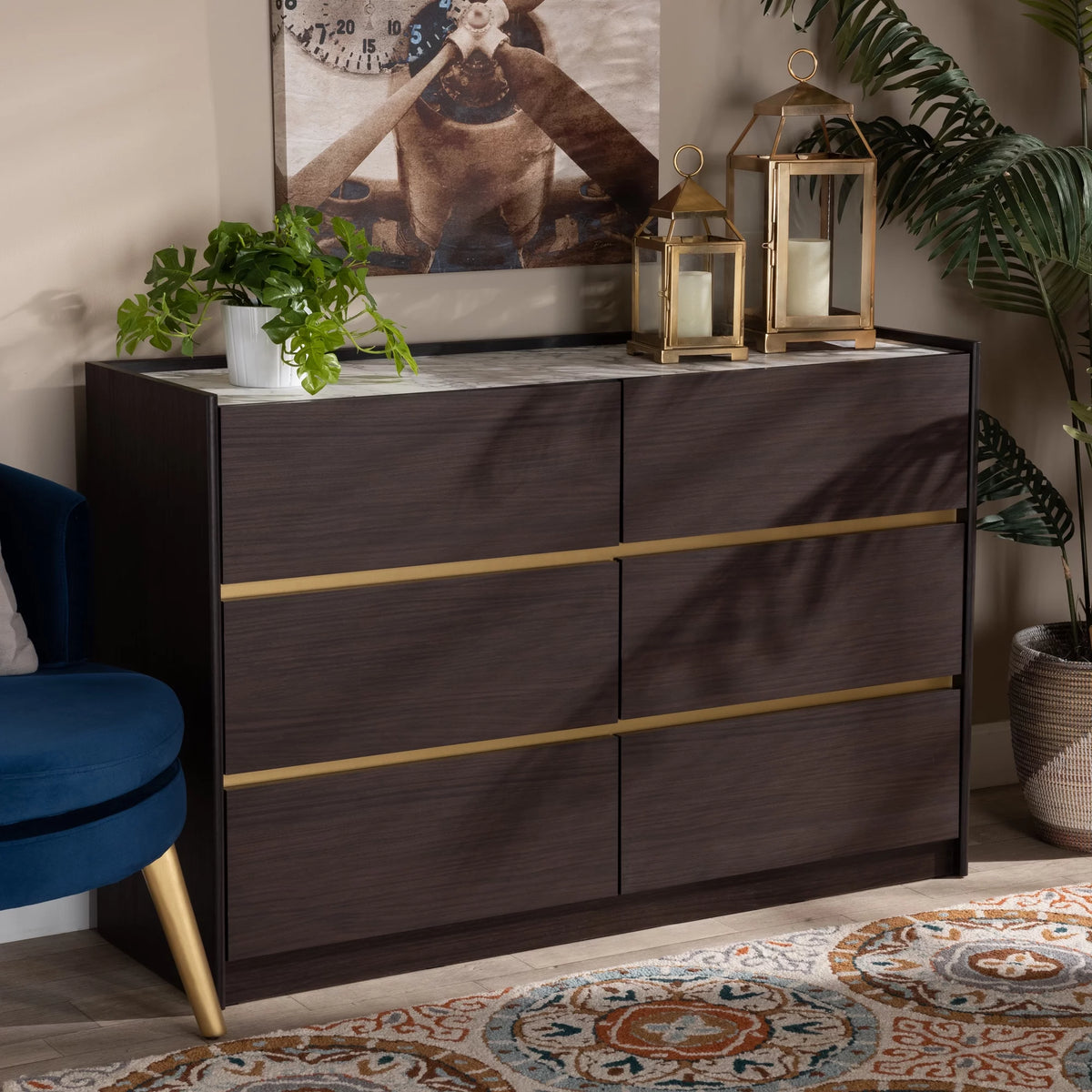 Dark Brown Gold Wood 6-Drawer Dresser with Faux Marble Top L3152