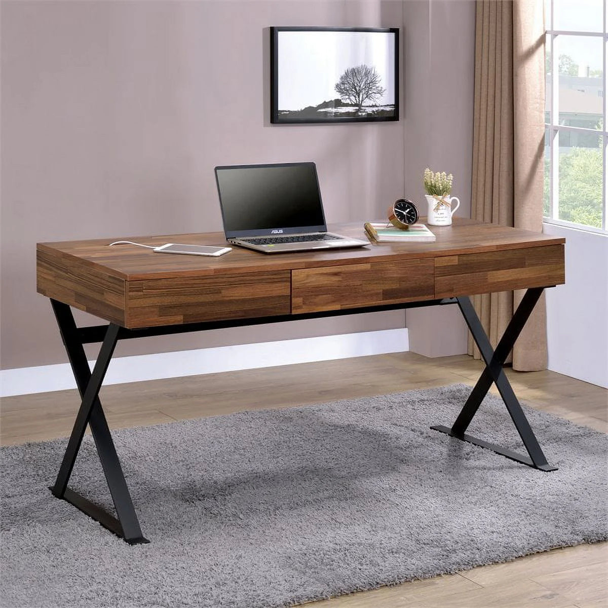 Oak and Black 3-Drawer Wood Writing Desk with USB D780882