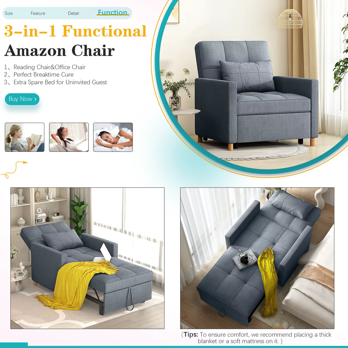Dark Grey Sleeper Sofa Chair with Extra Pillow A3366