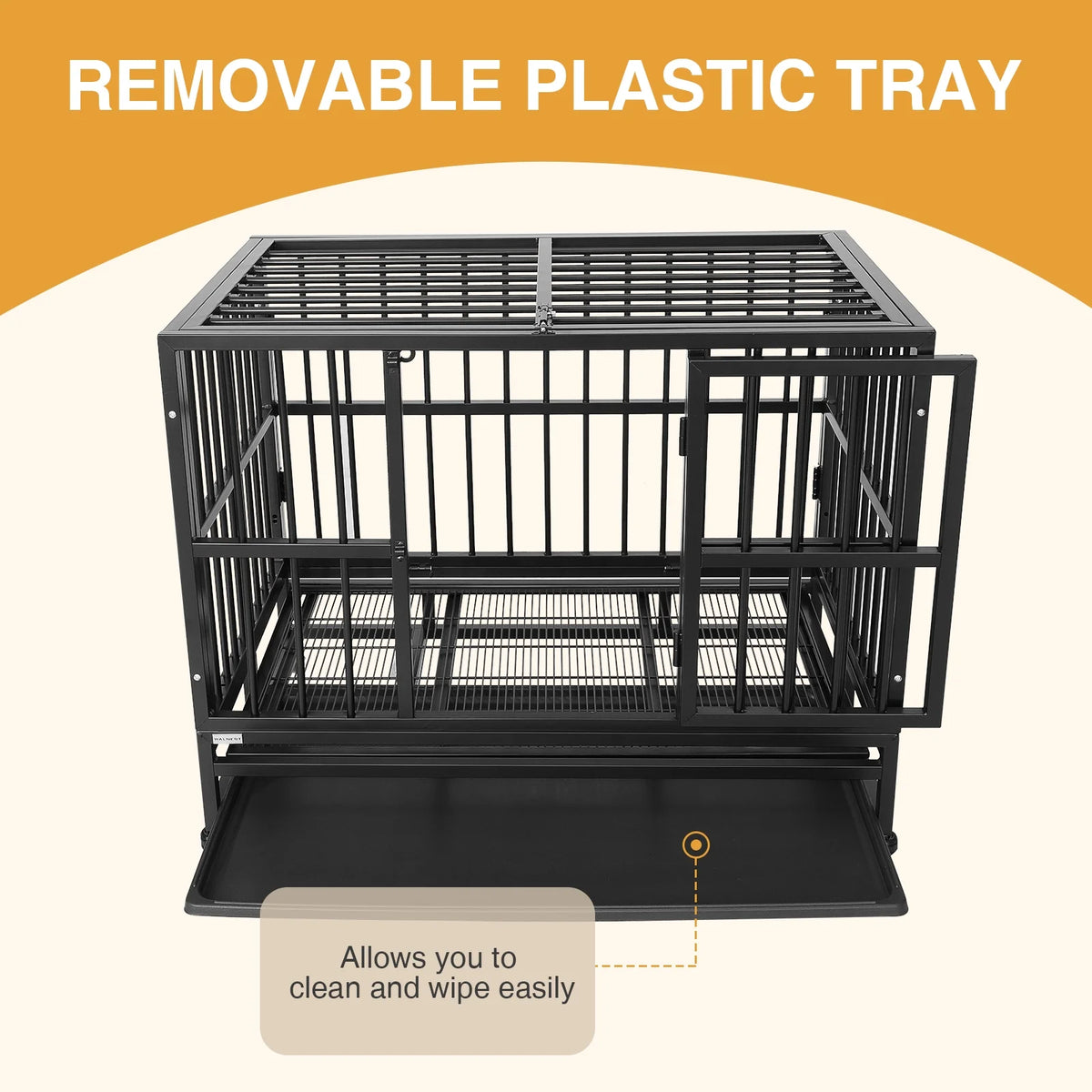 37" Heavy Duty Dog Crate Metal Cage with Removable Tray, Two Doors with Wheels I300129