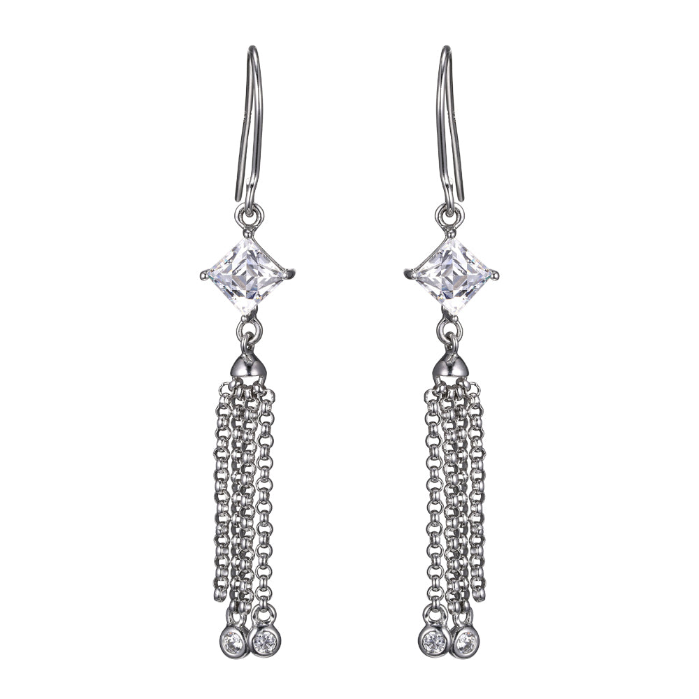 Platinum Plated CZ Tassel Drop Earrings J944715