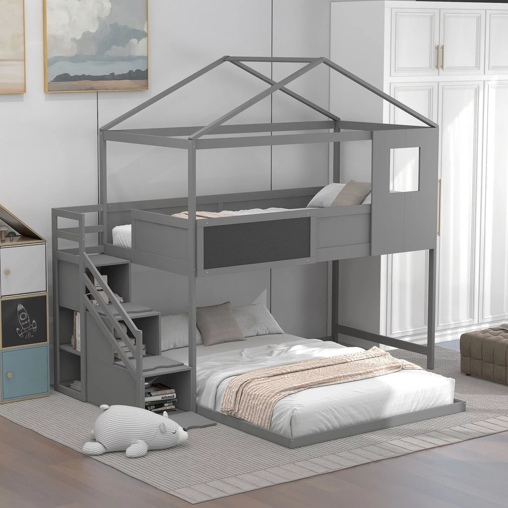 Twin over Full House Bunk Bed with Storage Staircase and Blackboard Grey E5715