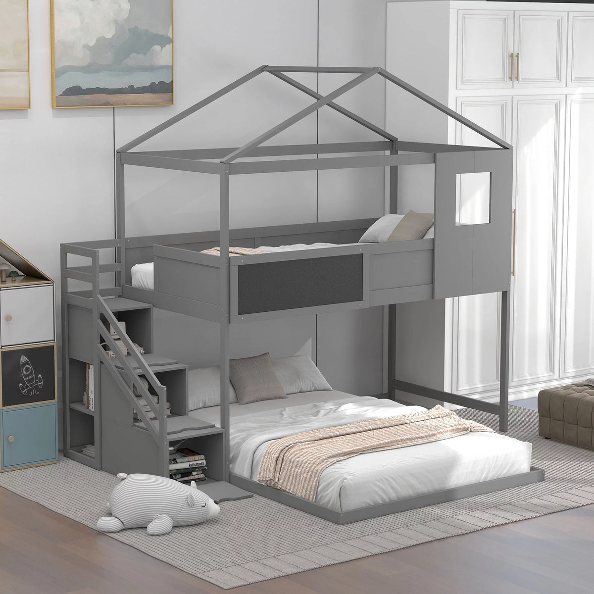 Twin over Full House Bunk Bed with Storage Staircase and Blackboard Grey E5715