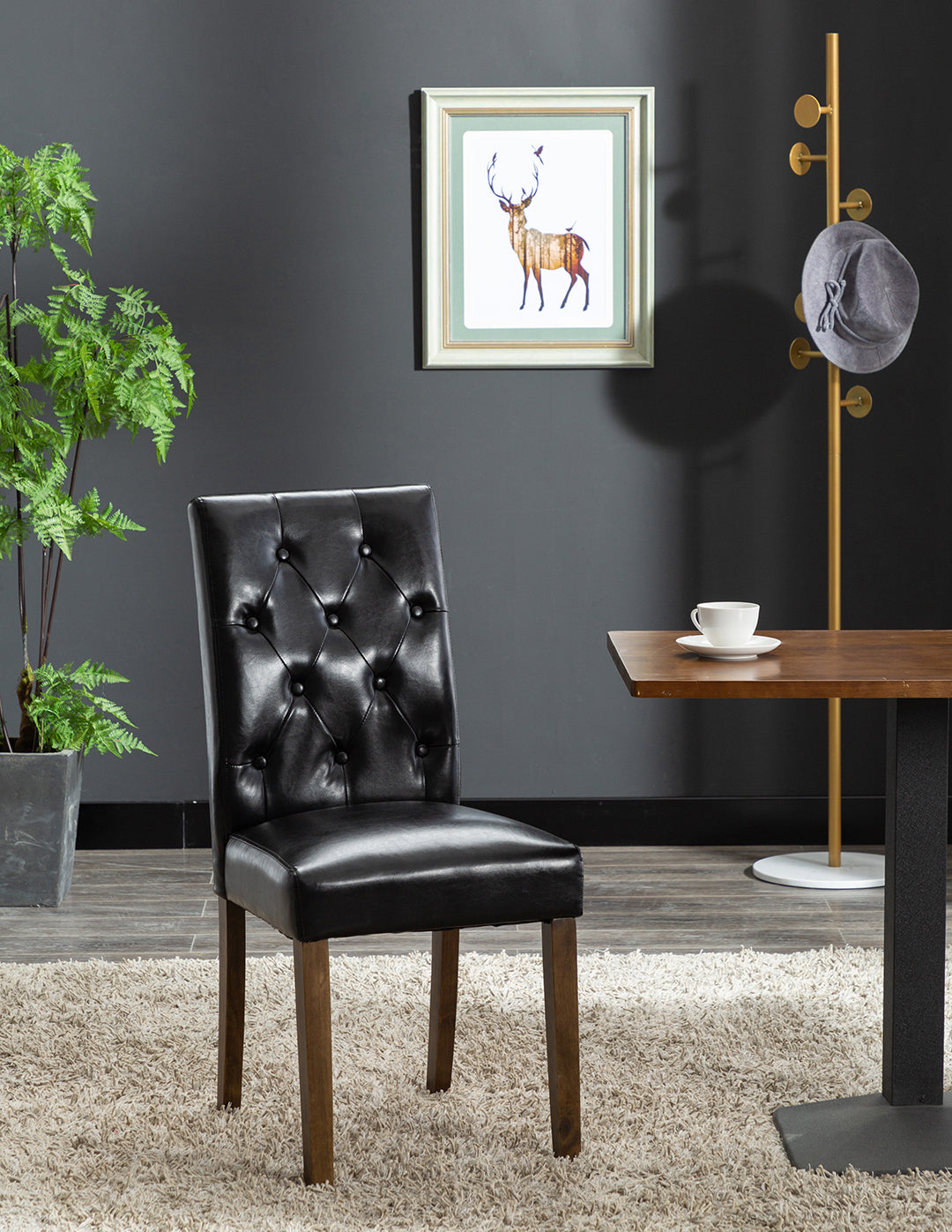 Set Of 2 Dining Chairs With Tall Backs, Button Tufted PU Leather Upholstery And Rubberwood Legs D209