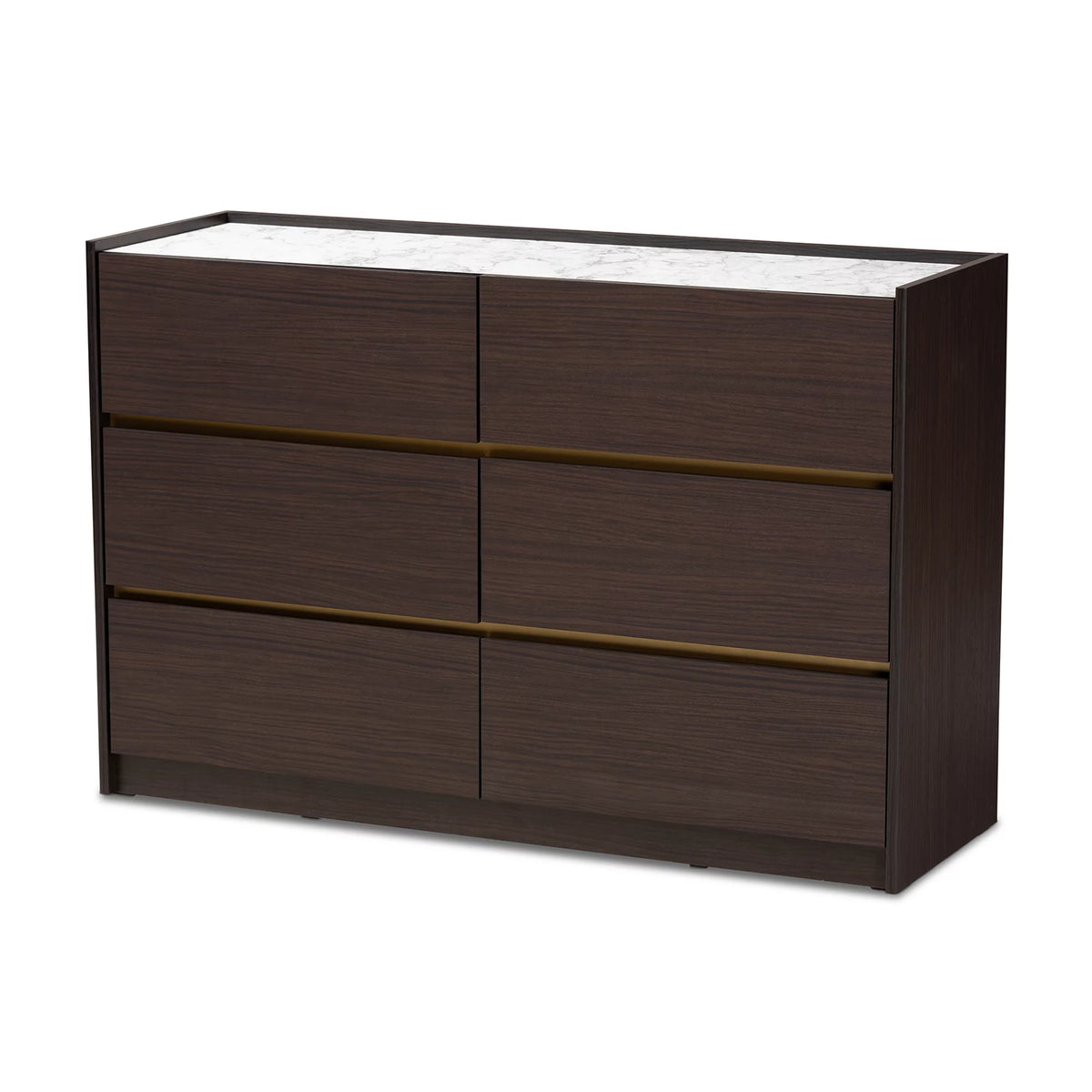 Dark Brown Gold Wood 6-Drawer Dresser with Faux Marble Top L3152