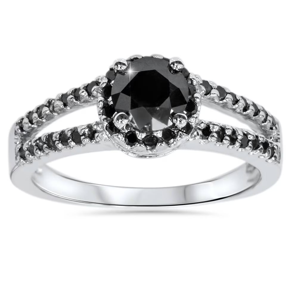14K White Gold Black Diamond Pave Halo Engagement Ring Z2827