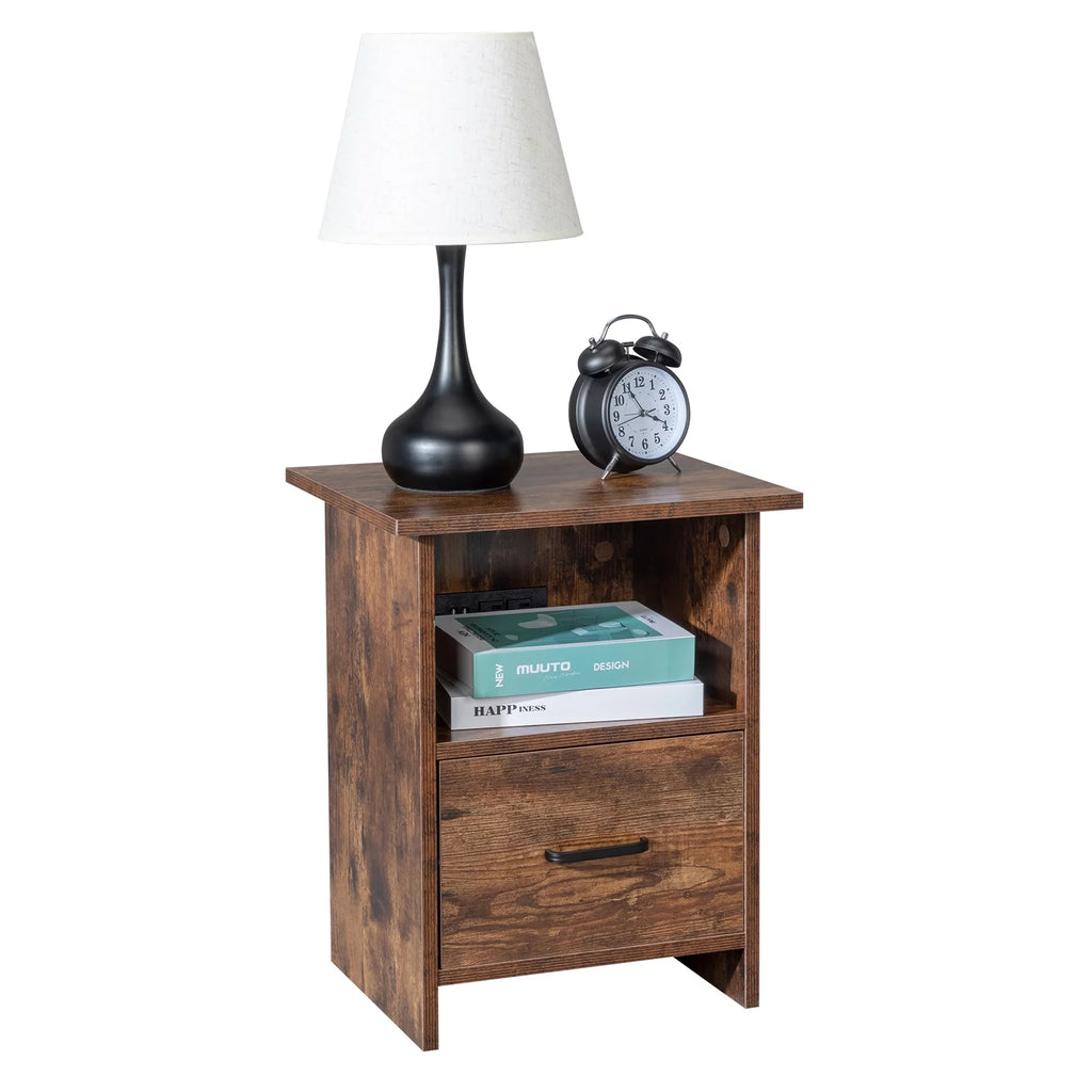 Vintage Nightstand with Charging Station, Industrial Bedside Cabinet G661