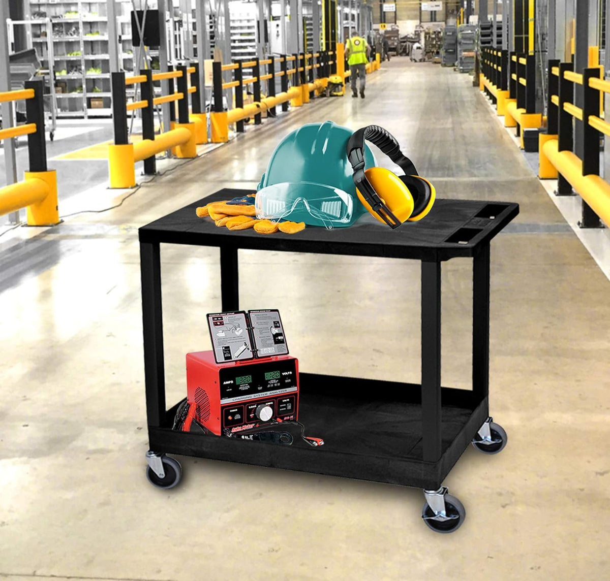 Black Mobile Heavy-Duty Utility Cart with One Tub and One Flat Shelf F6018