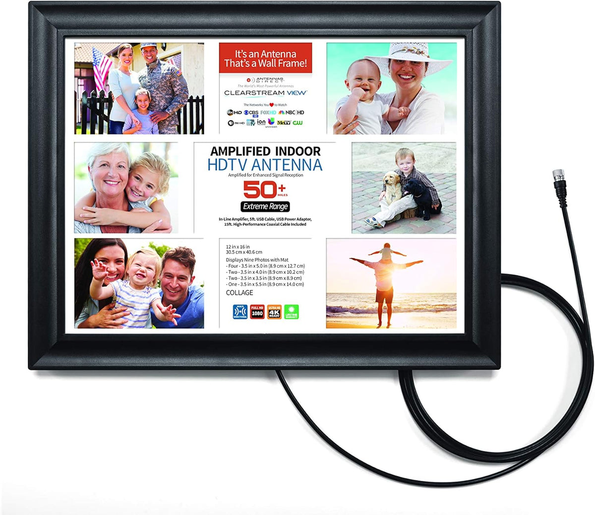 Amplified TV Antenna, 50+ Mile Range, UHF/VHF, Multi-Directional, Black/White/Paintable C2034