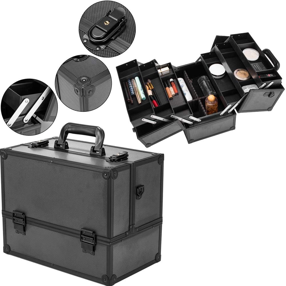 Portable Makeup Train Case with Lock and Compartments, black Y43909