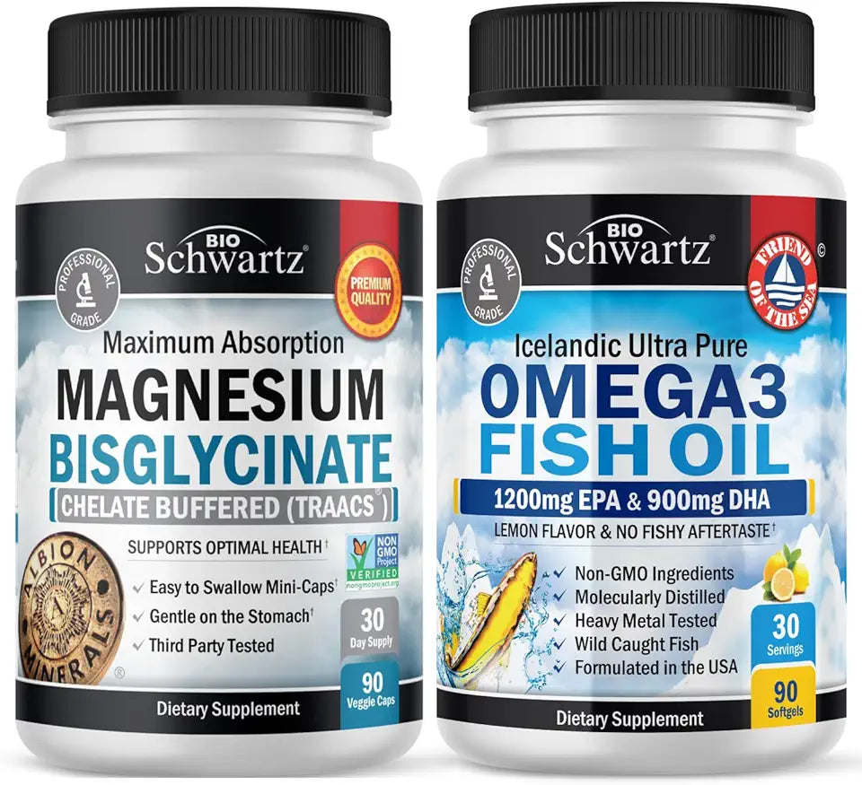 Magnesium Bisglycinate 180 Count + Omega 3 Fish Oil 90 Count Bundle L6644