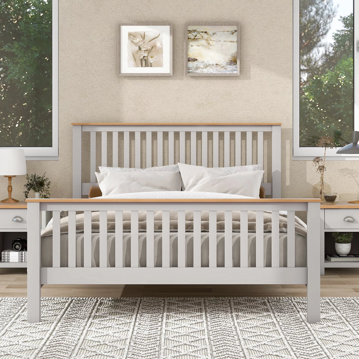 Queen Size Solid Wood Platform Bed with Headboard and Footboard E404