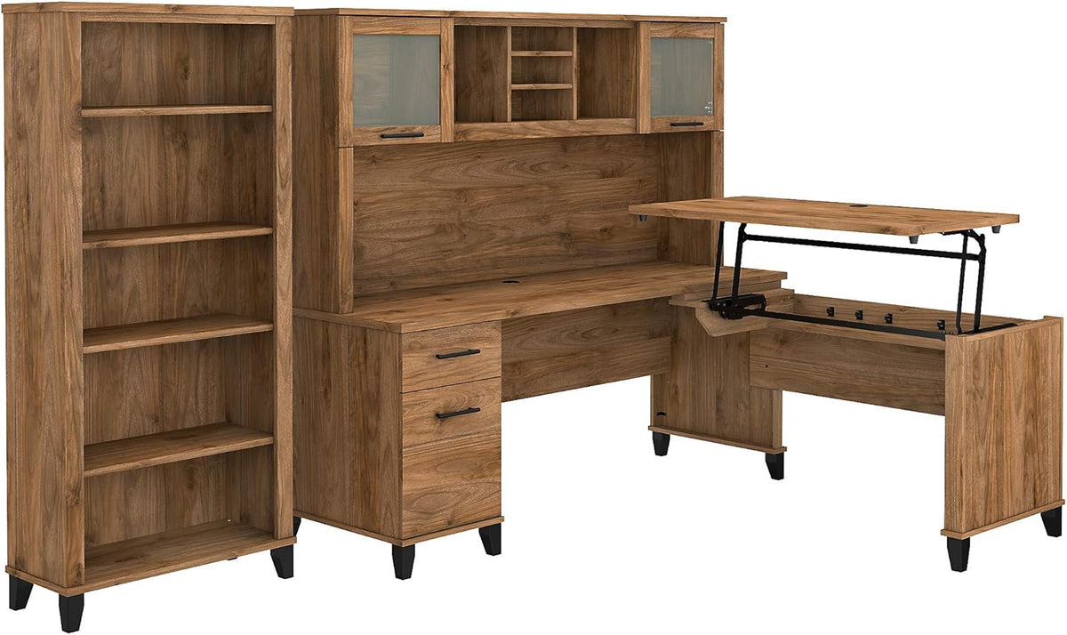 72W L Shaped Sit to Stand Desk with Hutch and Bookcase Y8940