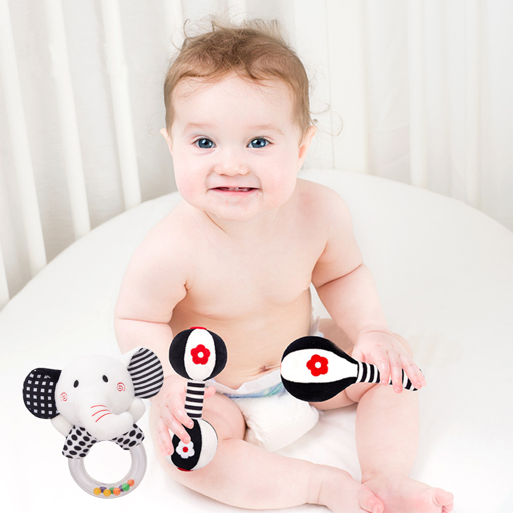 3PCS Soft Plush Baby Rattles High Contrast Black and White Sensory Toy H8497