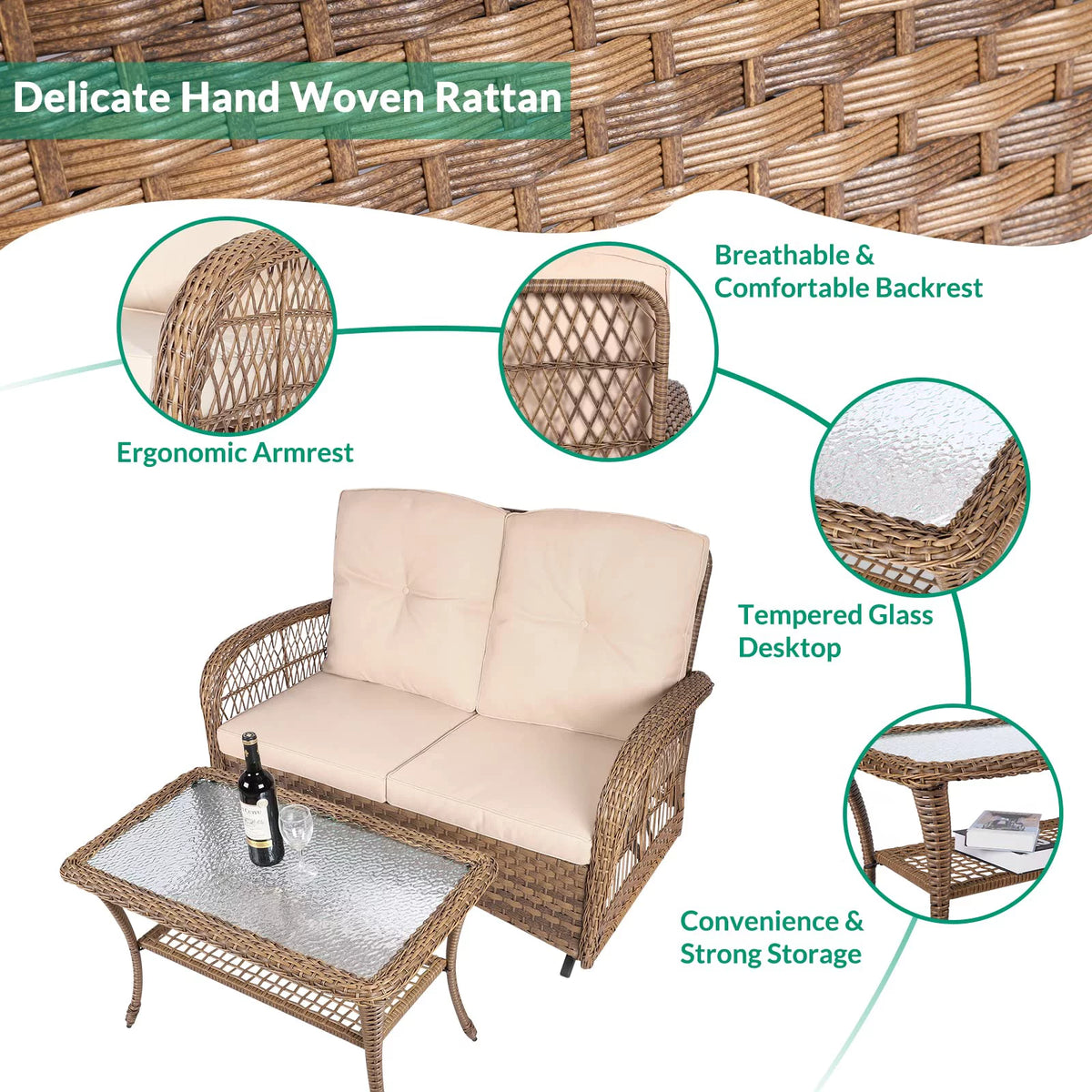 2-Piece Wicker Loveseat Glider Set with Coffee Table and Cushions J348